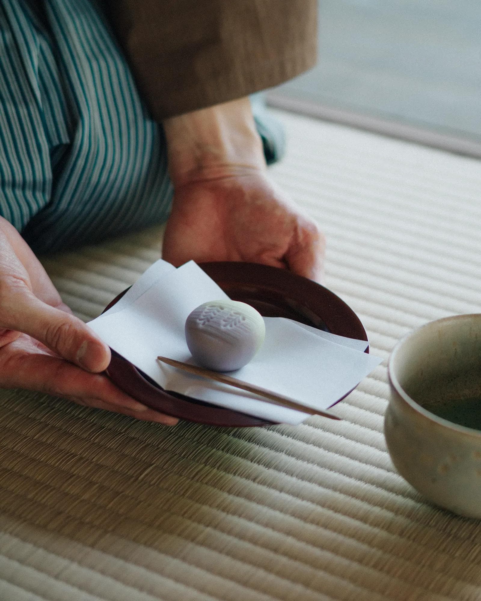 Wagashi pastry served with matcha tea